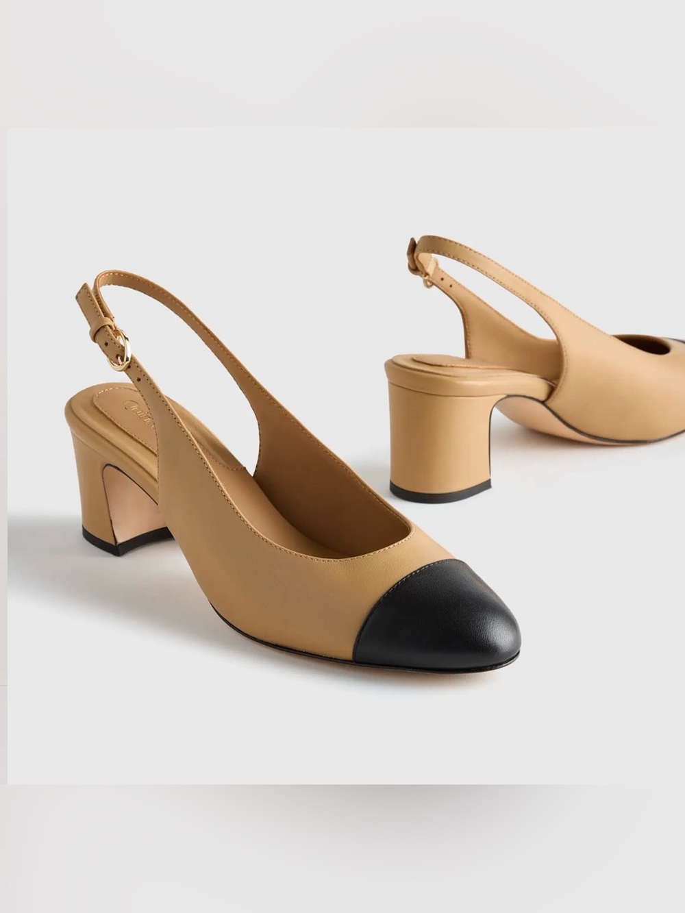 Quince Italian Leather 65mm Cap Toe Slingback Heels Tan & Black US 8.5